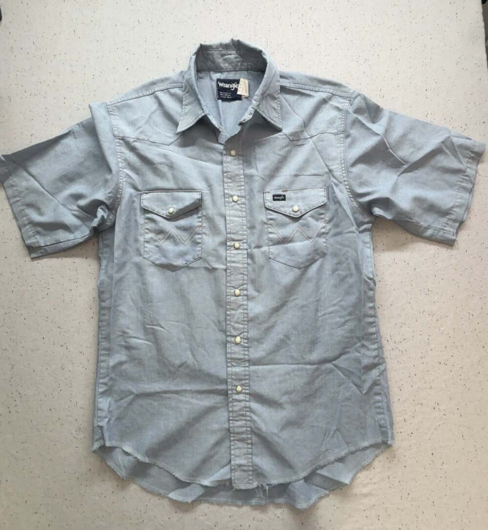 Vtg Wrangler Western Shirt Mens Large Blue Short Sleeve Snap Pocket Made in USA
